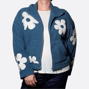 Teal Daisy Sherpa Zip Jacket 0X L Teddy Coat Cozy Soft Girl Boho Flower Power